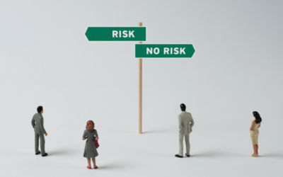 Image of people looking at signs pointing in directions saying risk or no risk